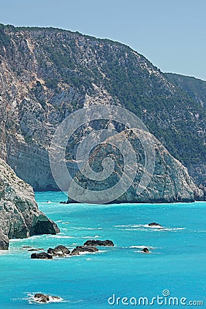 Beautiful detail of rocks with the sea of â€‹â€‹Porto Katsiki as a background Stock Photo